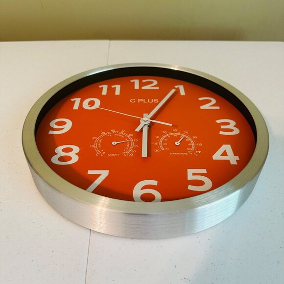 Orange Wall Clock With Temperature & Humidity Non Ticking Silent Battery Operate - Picture 4 of 11